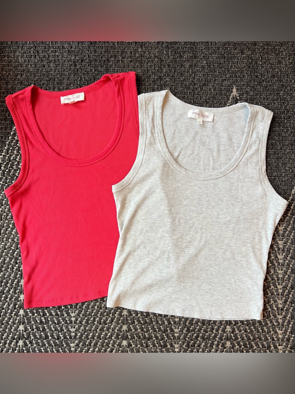 Women PINK ROSE 2-Pack Rib Knit Tank Tops Grey Coral L Scoop Neck Stretch Modal